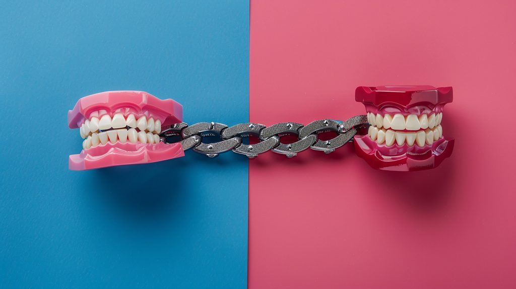 Two denture models linked by a chain on blue-pink background, symbolizing comparison between dental implants and dentures.